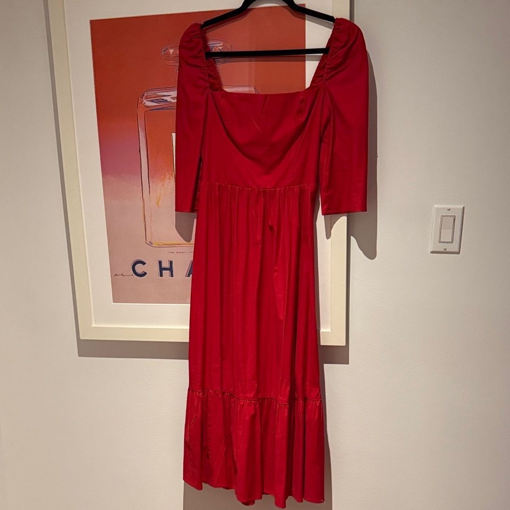 Reformation Vibrant Red Square-Neck Long Sleeve Midi Dress